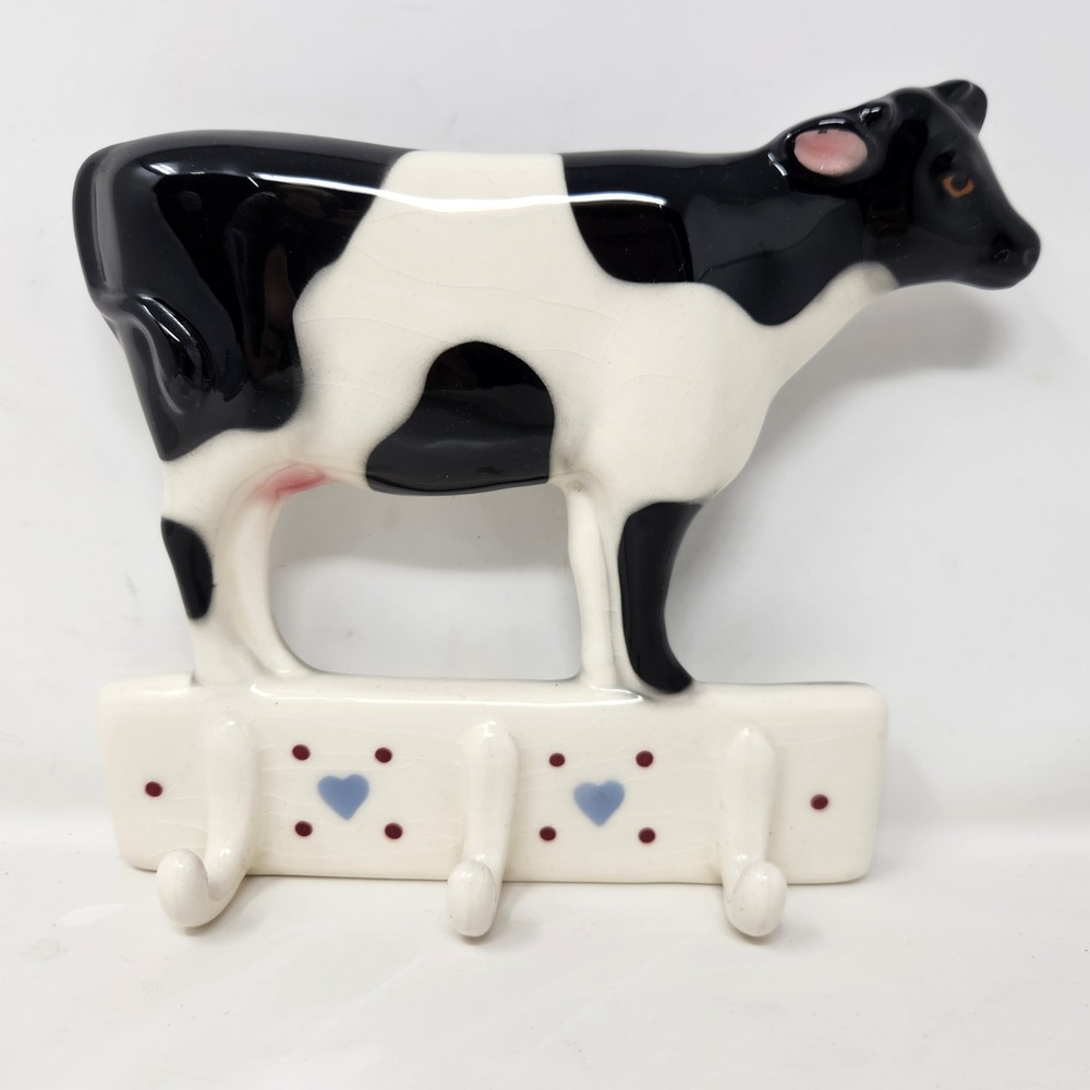 Vintage‎ Clay Art 1987 Ceramic Cow Wall Hook Rack Black White Farmhouse Decor